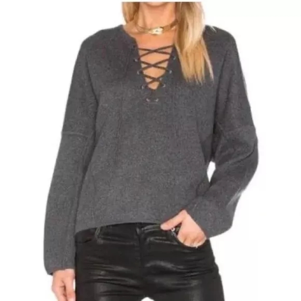 Vince Charcoal Gray Lace-Up V-Neck Sweater